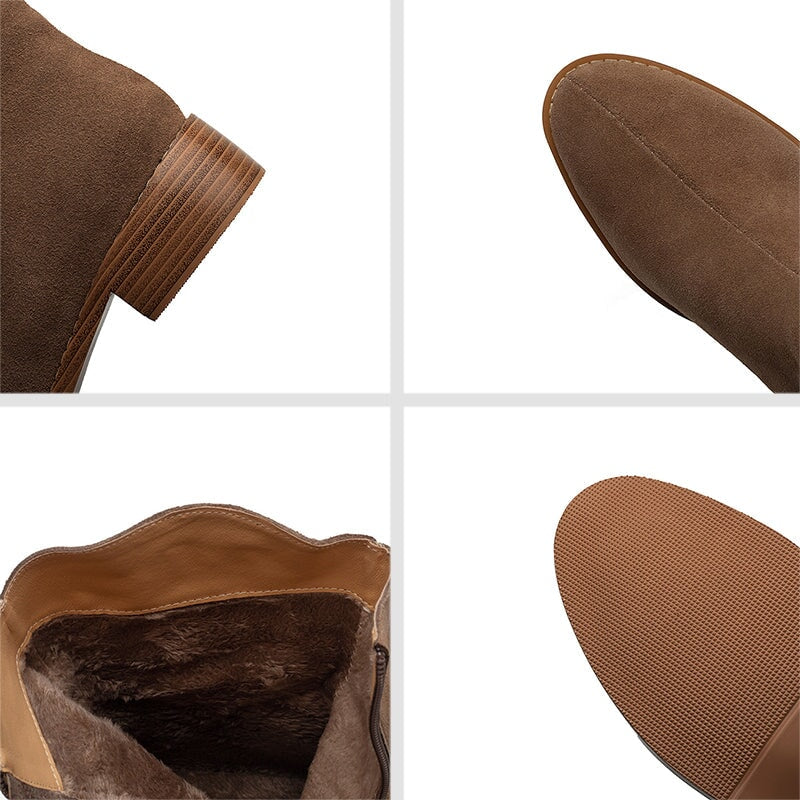 Women's Nubuck?Leather Mid Calf Tassels Boots With Side Zipper In Camel/Khaki
