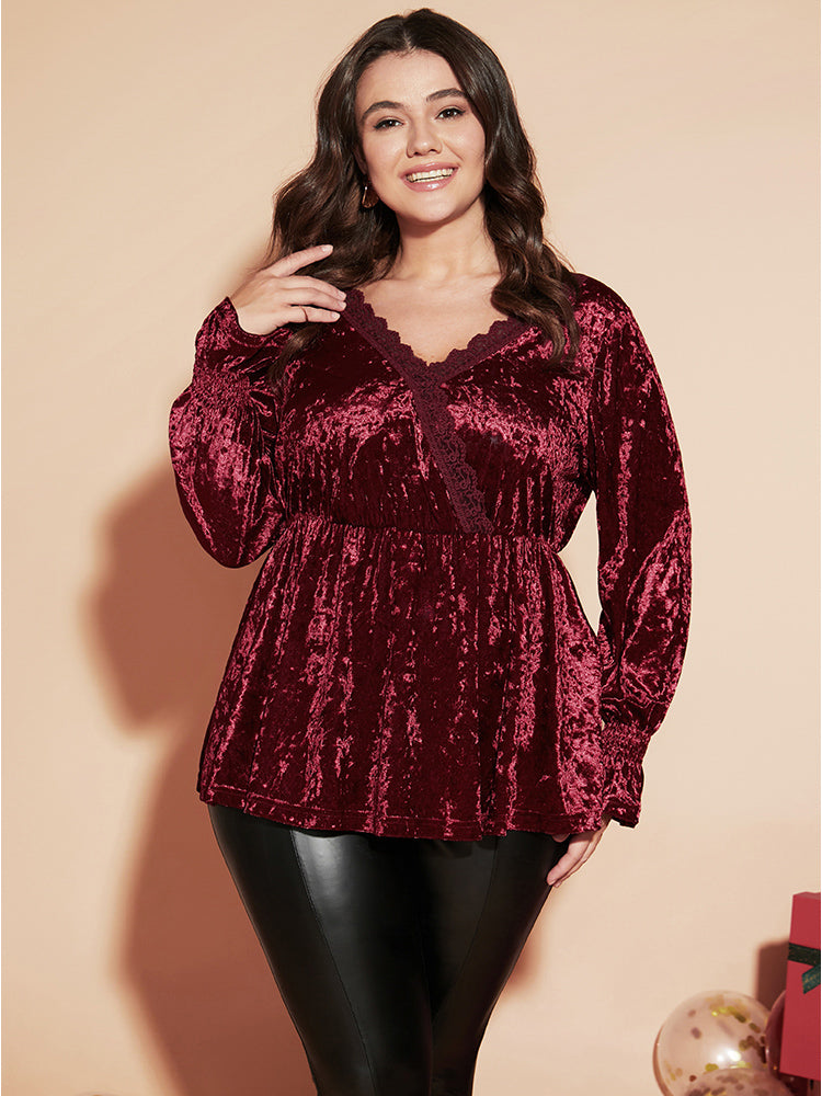 Solid Wrap Lantern Sleeve Lace Trim Velvet Long Tee