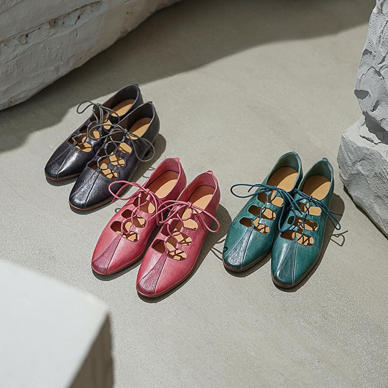 Elegant Washed Horse Leather Mary Jane Shoes with Cross-Strap Design Pink/Grey/Blue