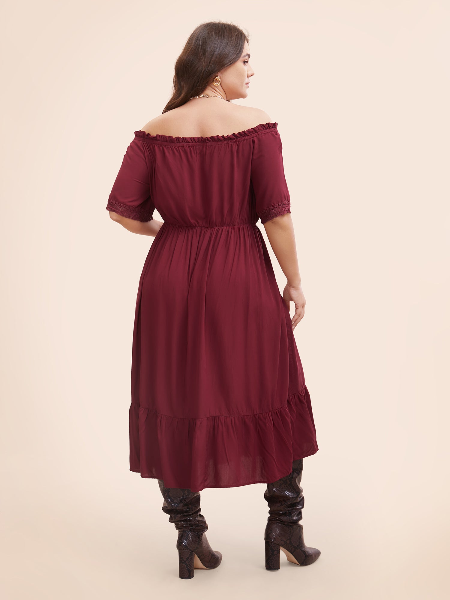 Plain Off Shoulder Lace Trim Ruffle Hem Dress