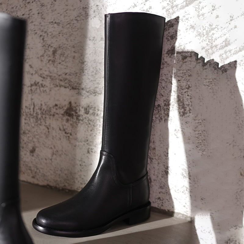Handmade Soft?Leather Knee High Boots Back Zip Riding Boots Short Plush Lining in Black