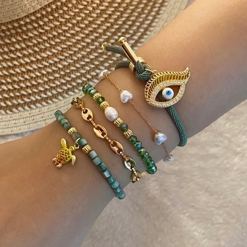 Stainless Steel Shell 18K Gold Plated Lady Minimalist Beaded Eye Bracelets