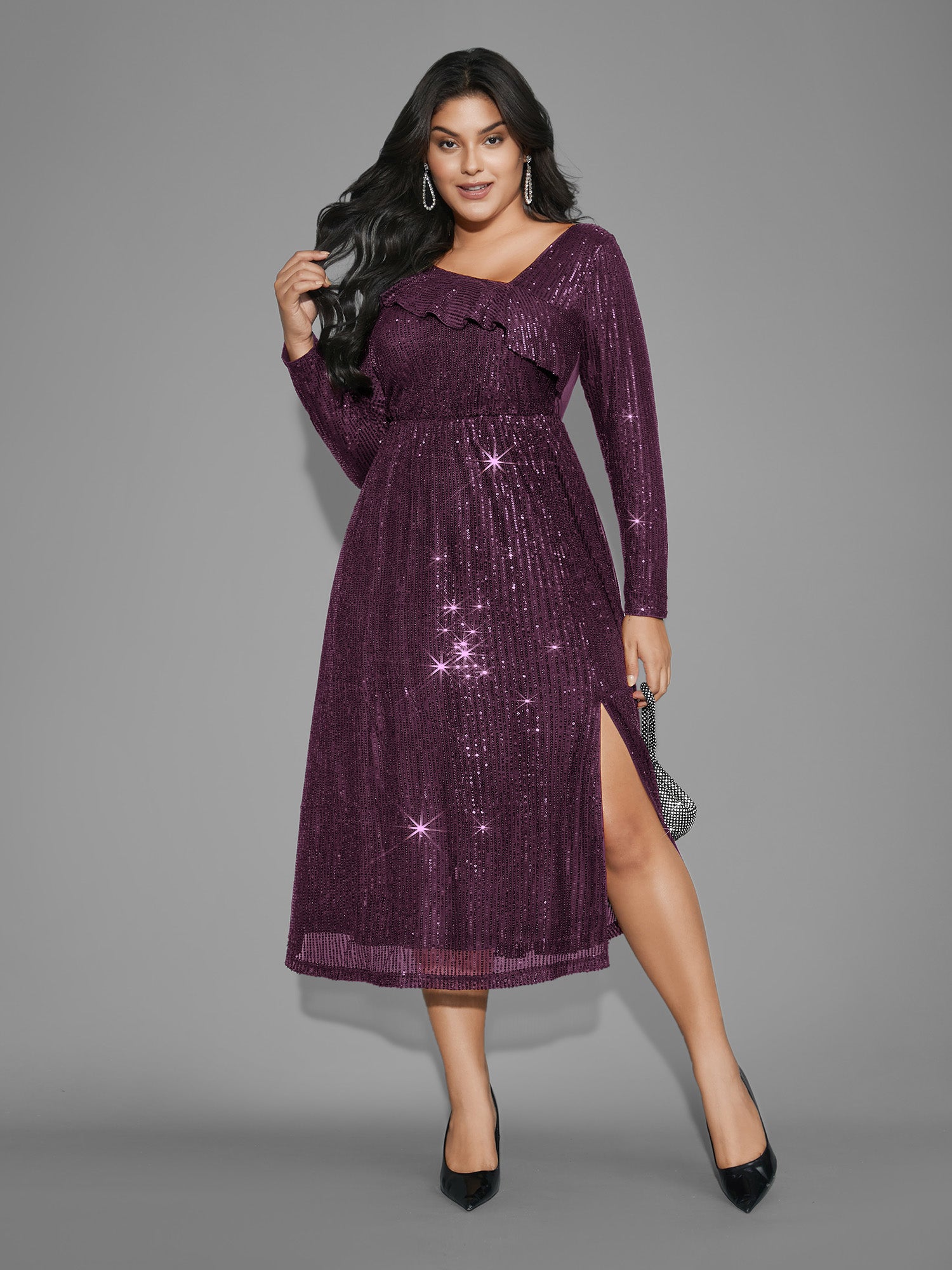 Sequin Mesh Asymmetrical Neck Midi Dress