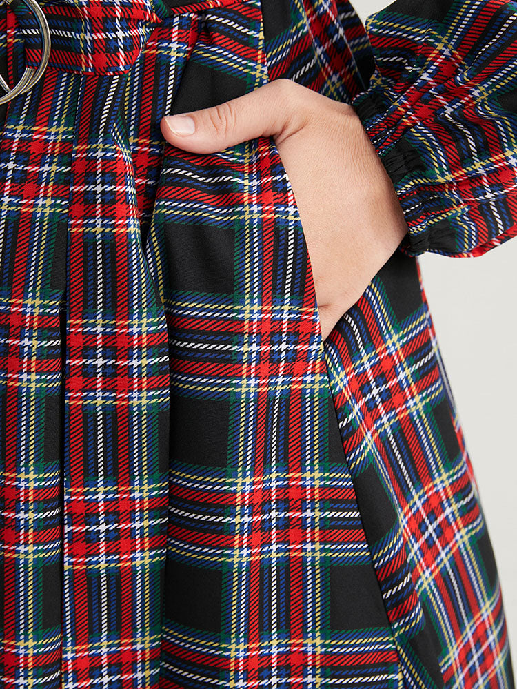 Tartan Lantern Sleeve Pocket Belted Midi Dress