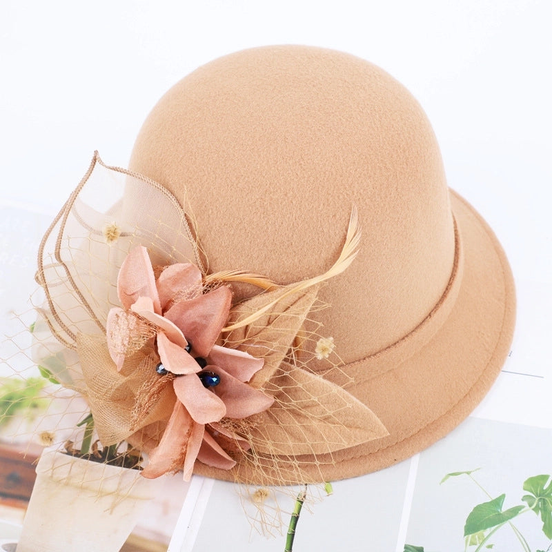 Women's Woolen Autumn And Winter New Dome Bowler Hat Female  Hepburn Style Yarn Flower Basin Hat Flat Brim Elegant Felt Hat