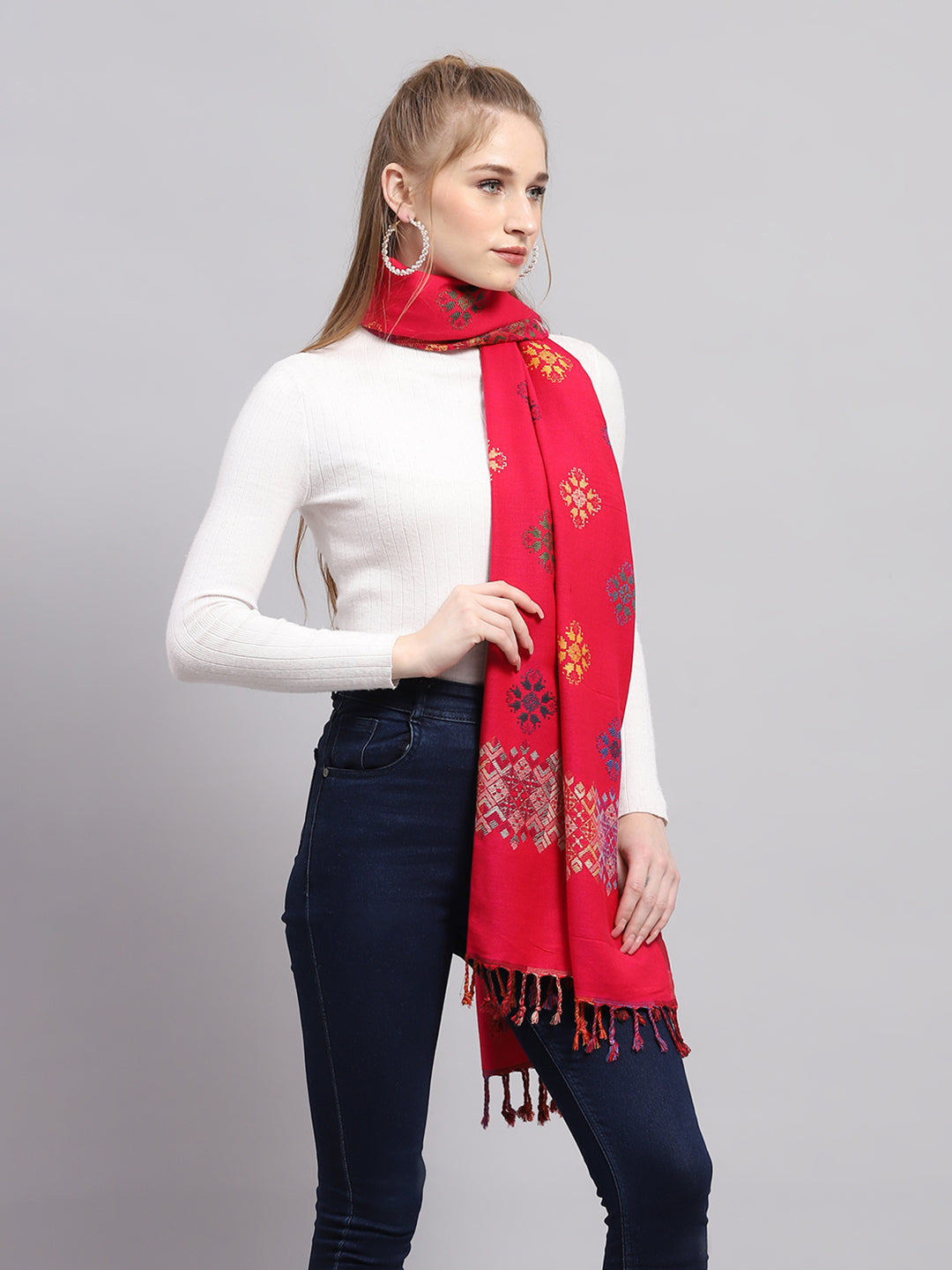 Women Red Self Design Stole