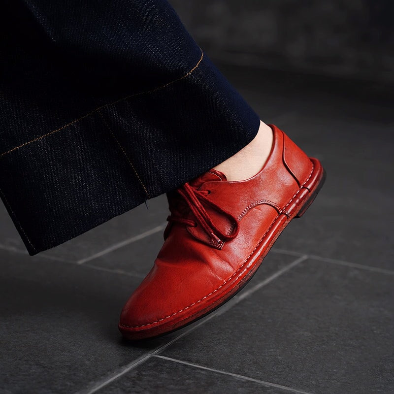 Handmade Stitching Lightweight Horse Leather Oxford Shoes Lace-Up Casual Shoes in Black/Red