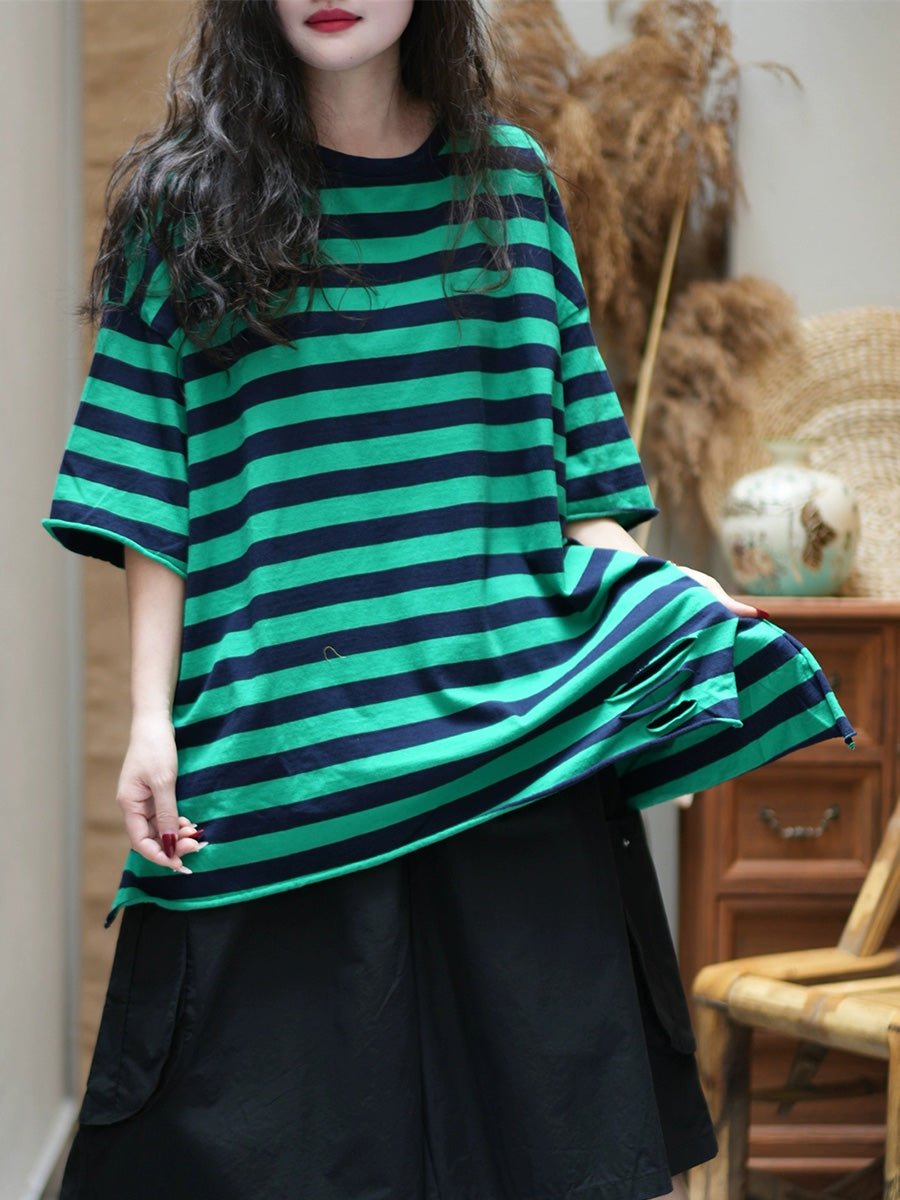 Women Summer Casual Stripe Cotton O-Neck Shirt