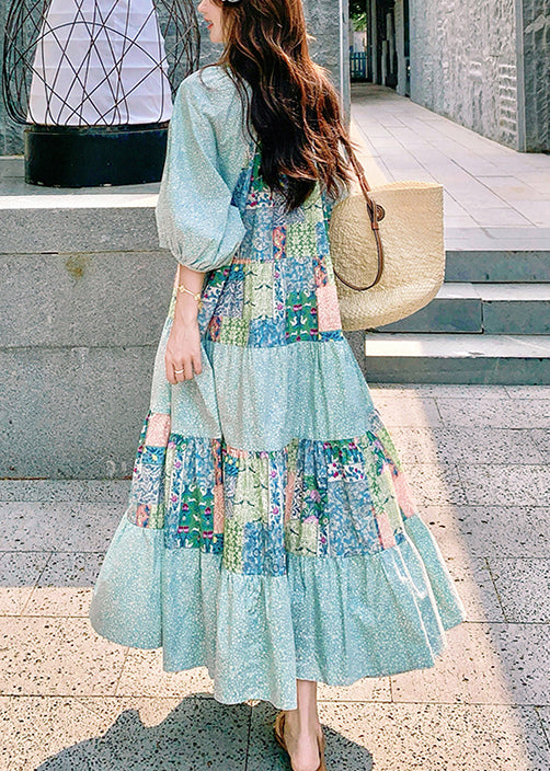 Bohemian Blue Print Side Open Patchwork Cotton Maxi Dresses Half Sleeve