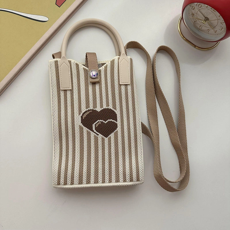 Unisex Small Knit Stripe Heart Shape Basic Vintage Style Weave Square Lock Clasp Phone Wallets