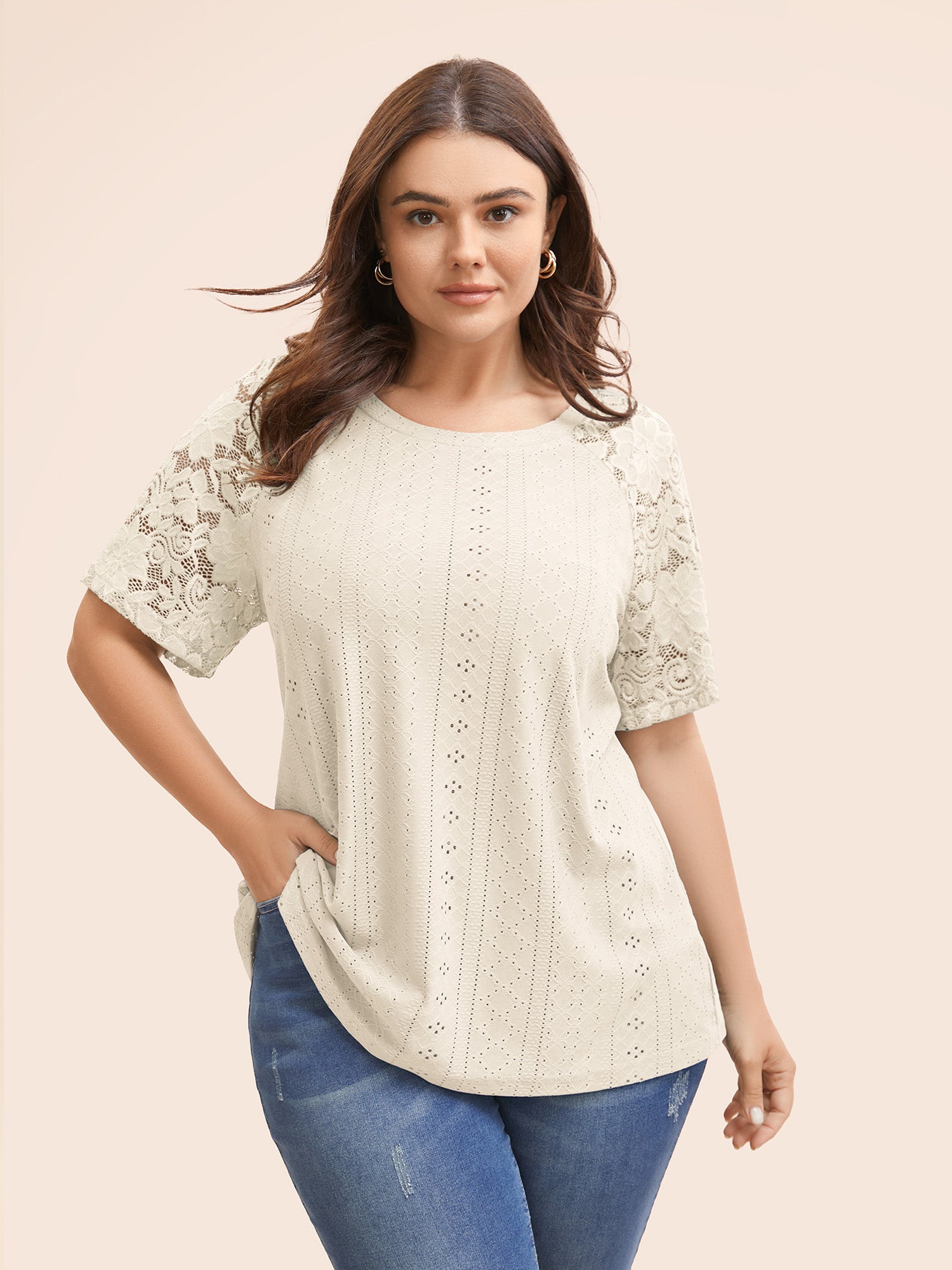 Solid Broderie Anglaise Lace Raglan Sleeve T-shirt