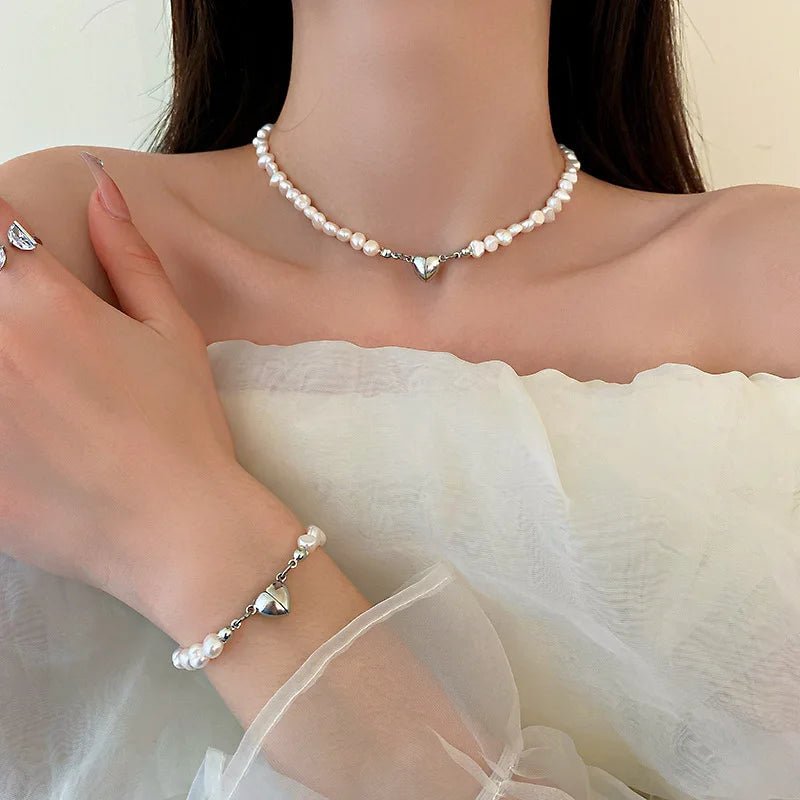 Magnetic Heart Pearl Choker Necklace and Bracelet