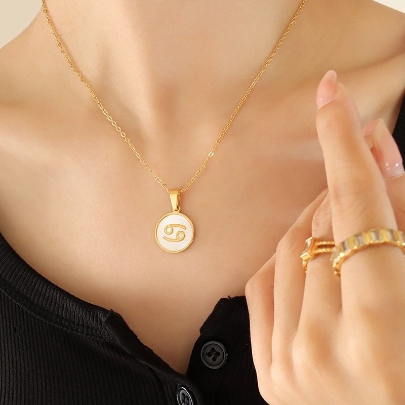 Retro Constellation 304 Stainless Steel Shell 18K Gold Plated Inlay Pendant Necklace