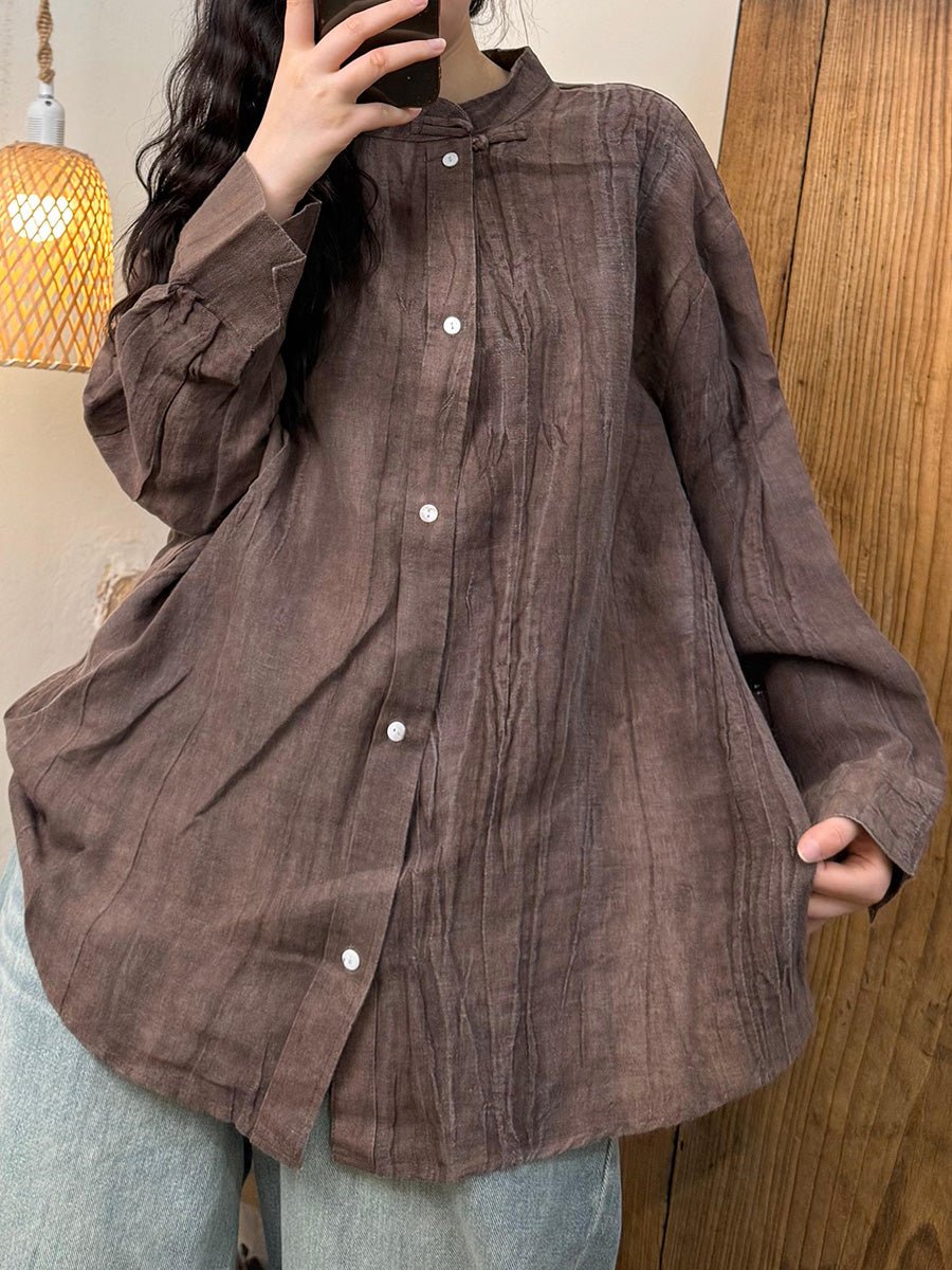 Women Summer Vintage Pure Color Stand Collar Linen Shirt