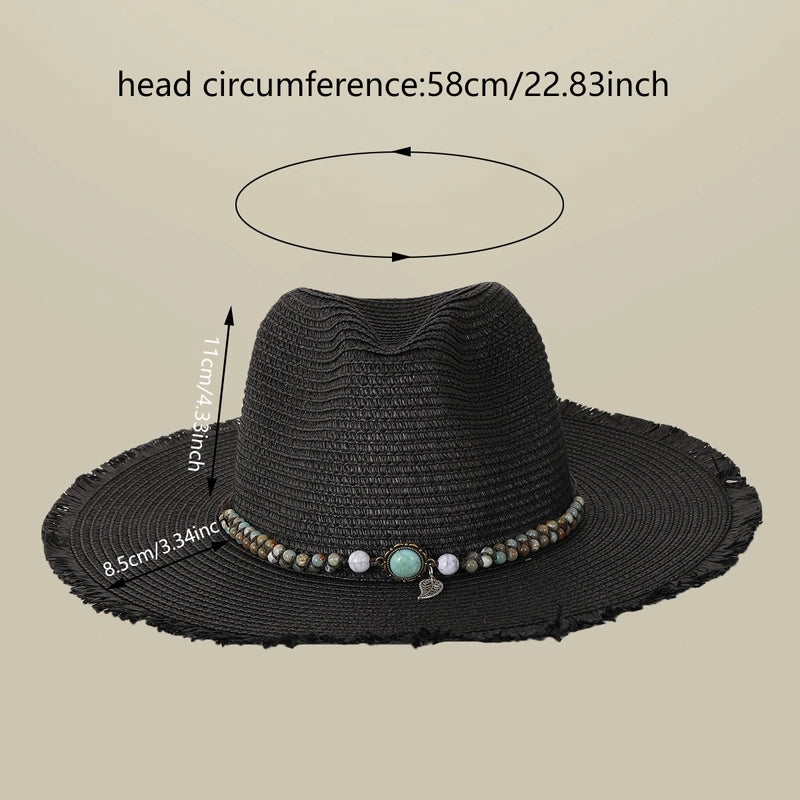 Women's Casual Vacation Beach Solid Color Beaded Big Eaves Straw Hat