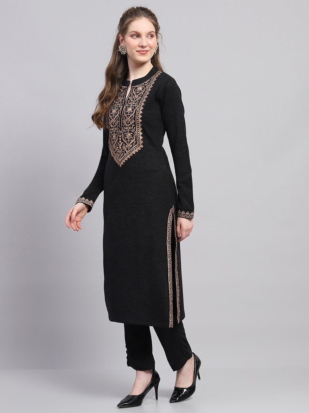 Women Black Embroidered Round Neck Full Sleeve Kurti Set for Winter