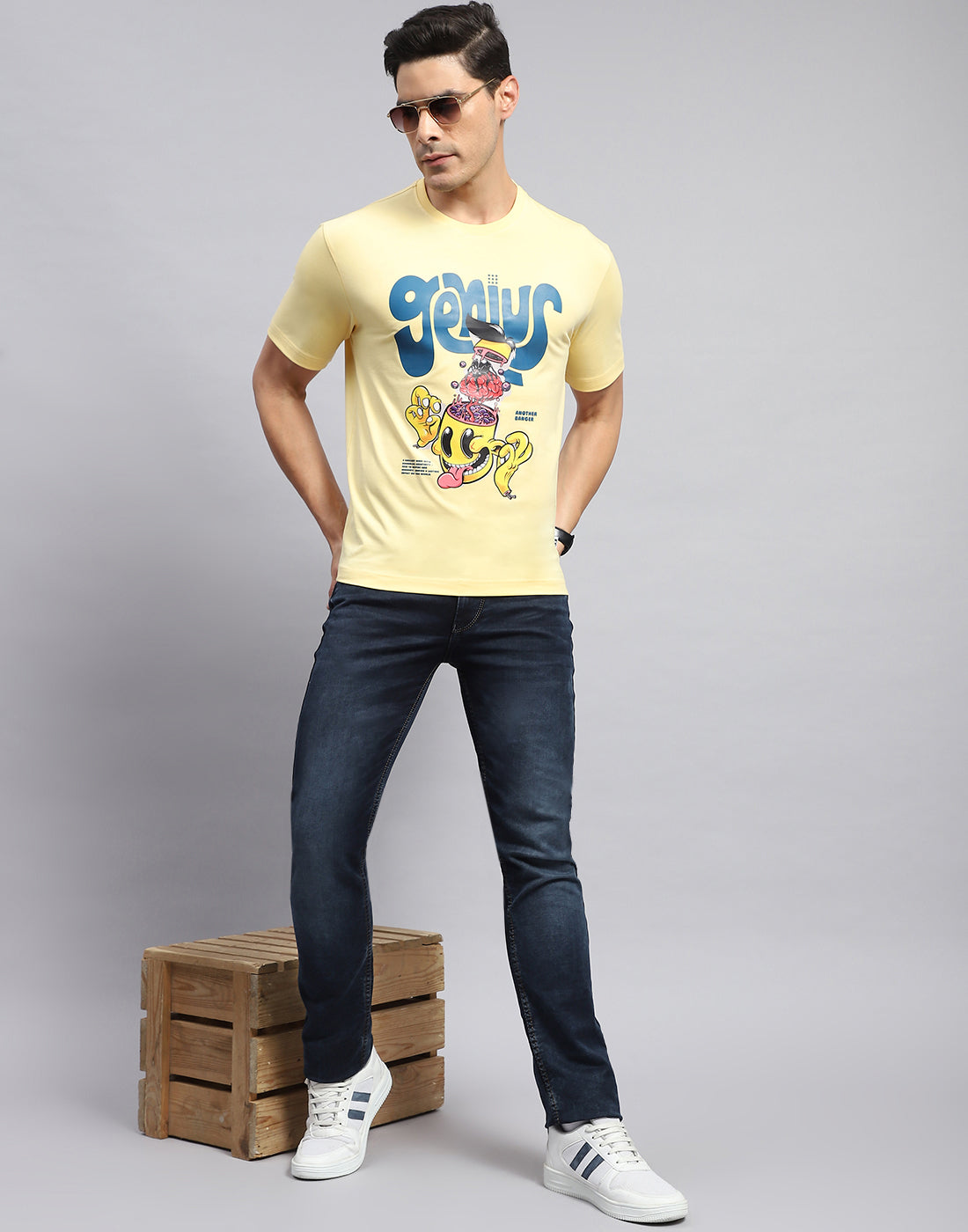 Men Yellow Printed Round Neck Half Sleeve T-Shirt