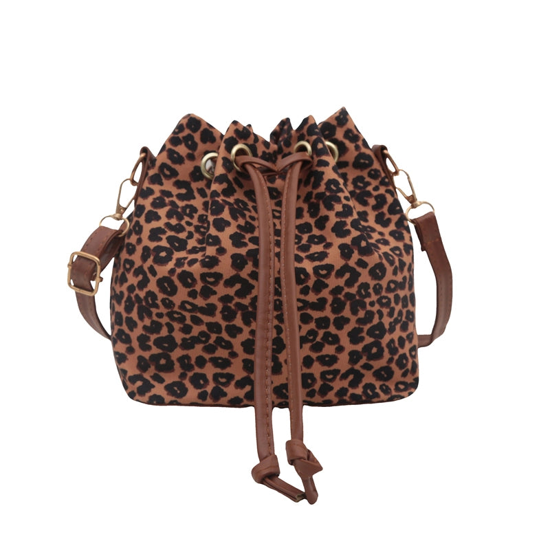 Retro Drawstring Bucket Bag Leopard Fashionable Crossbody Bag Fashion Artistic Trendy One-Shoulder Bag
