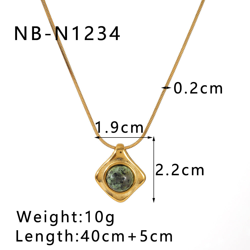 French Retro Style Tiger Eye Turquoise Natural Stone Pendant Necklace Stainless Steel 18K Gold Plated Clavicle Chain