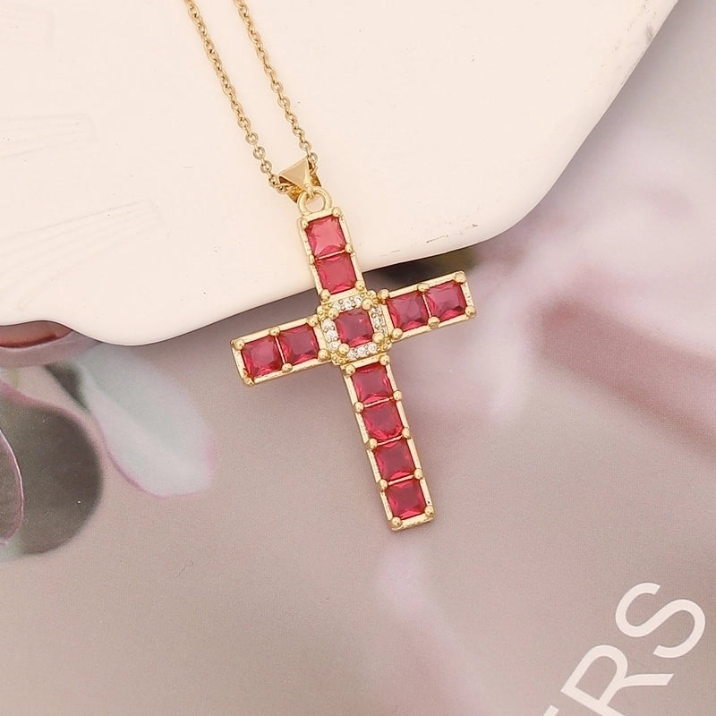 Stainless Steel Copper 18K Gold Plated Fashion Inlay Cross Zircon Pendant Necklace