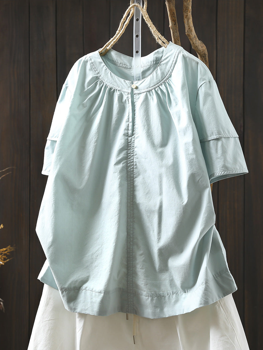 Women Summer Artsy Pure Color O-Neck 100%Cotton Shirt
