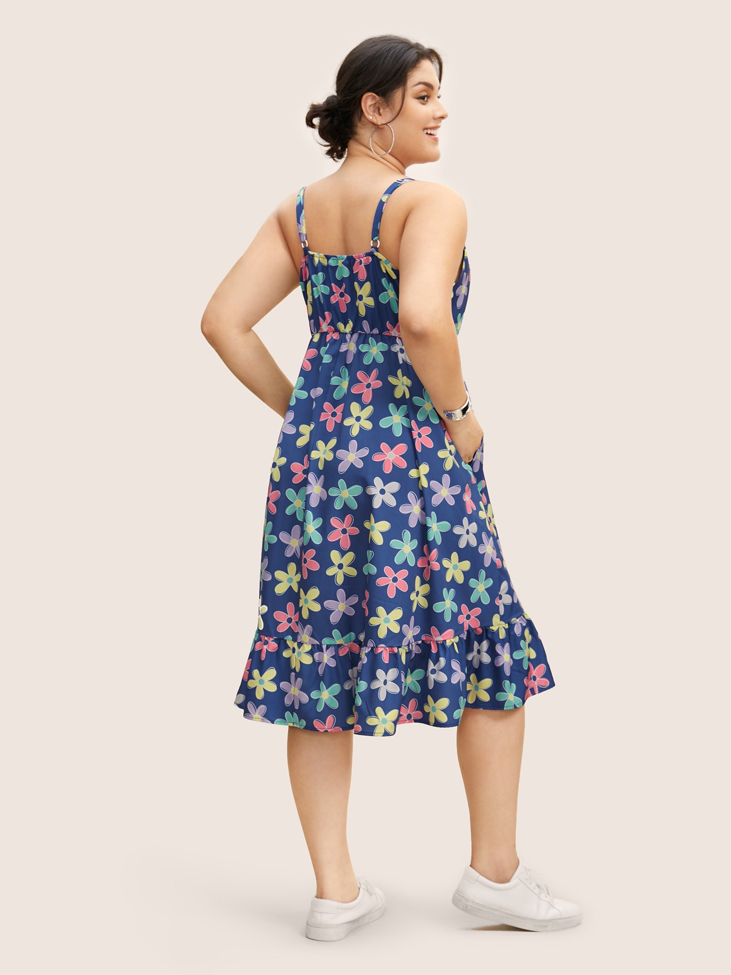 V Neck Floral Twist Front Button Detail Dress