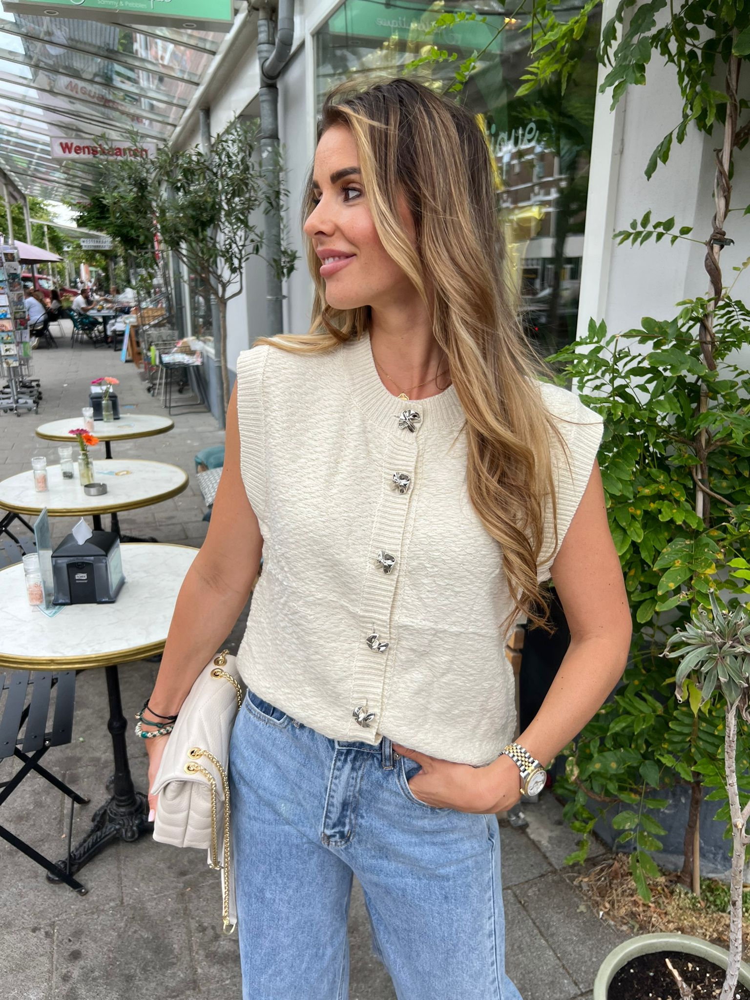 Bo knitted gilet silver button beige