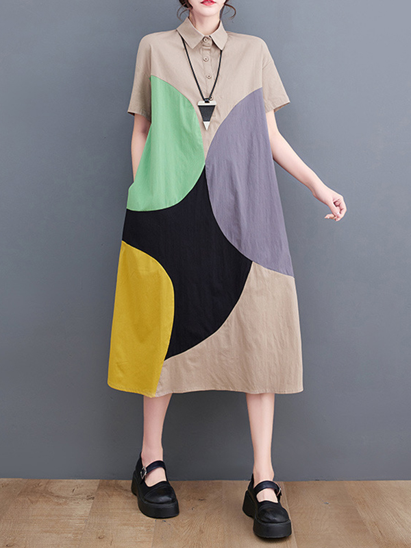 Loose Oversize Color-Block Contrast Color Split-Joint Lapel Midi Dresses Shirt Dress