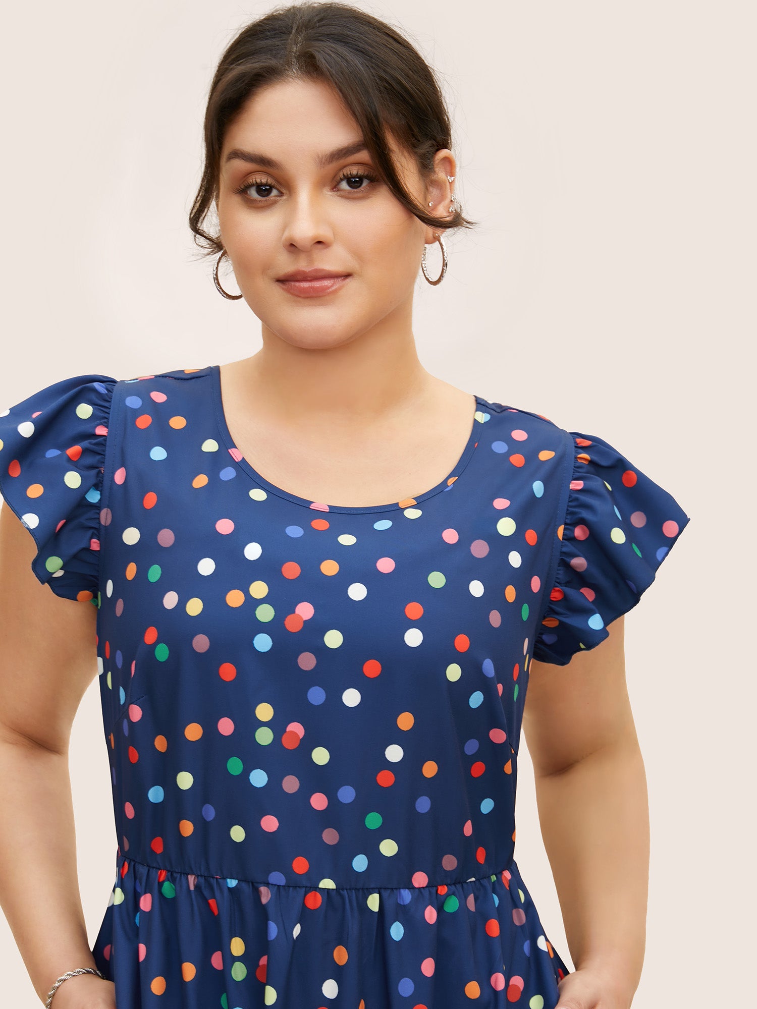 Colored Polka Dot Tie Knot Ruffle Cap Sleeve Dress