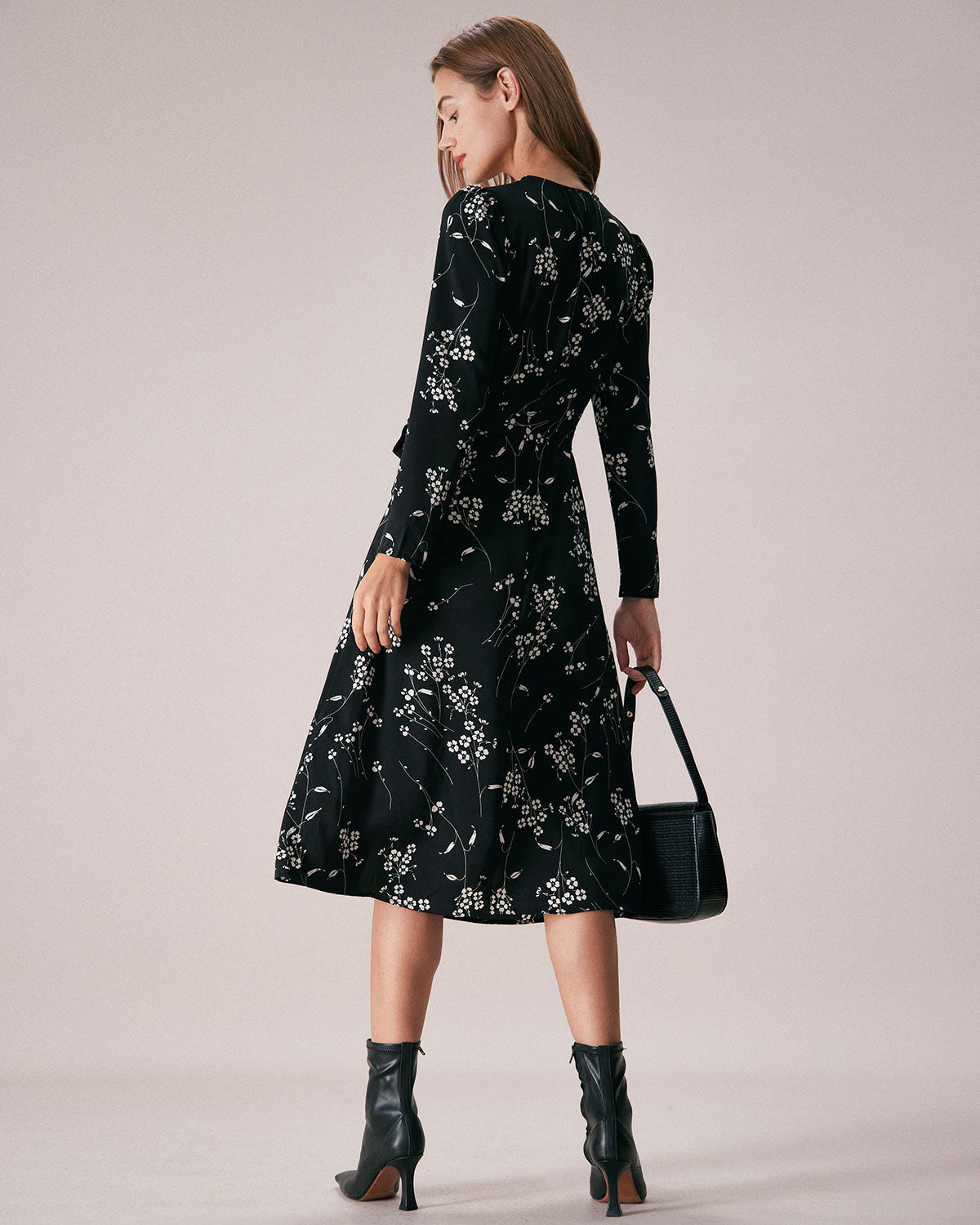 The Black V Neck Wrap Floral Midi Dress