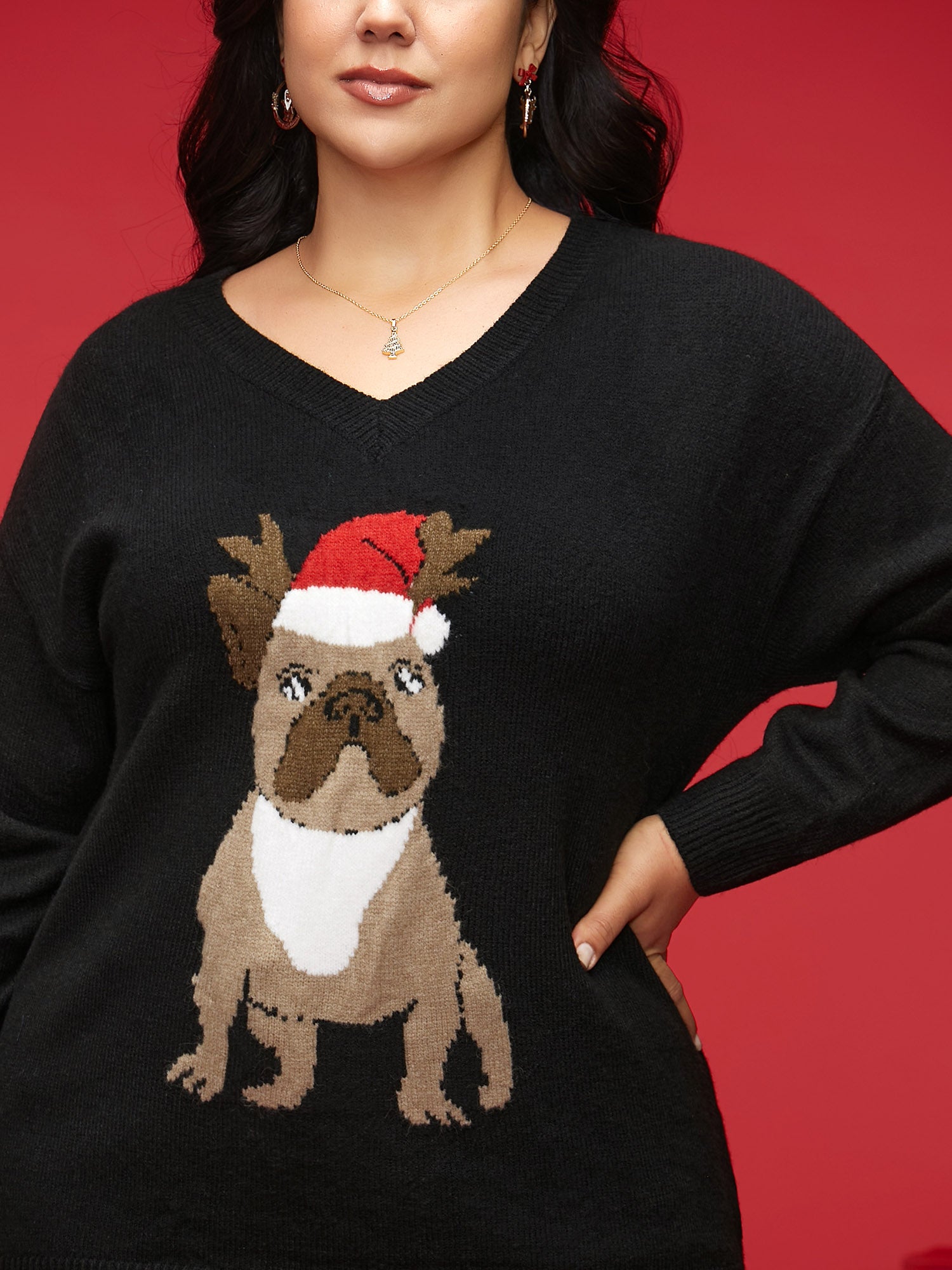 Holidazzled Dog Motif Furry V-neck Pullover