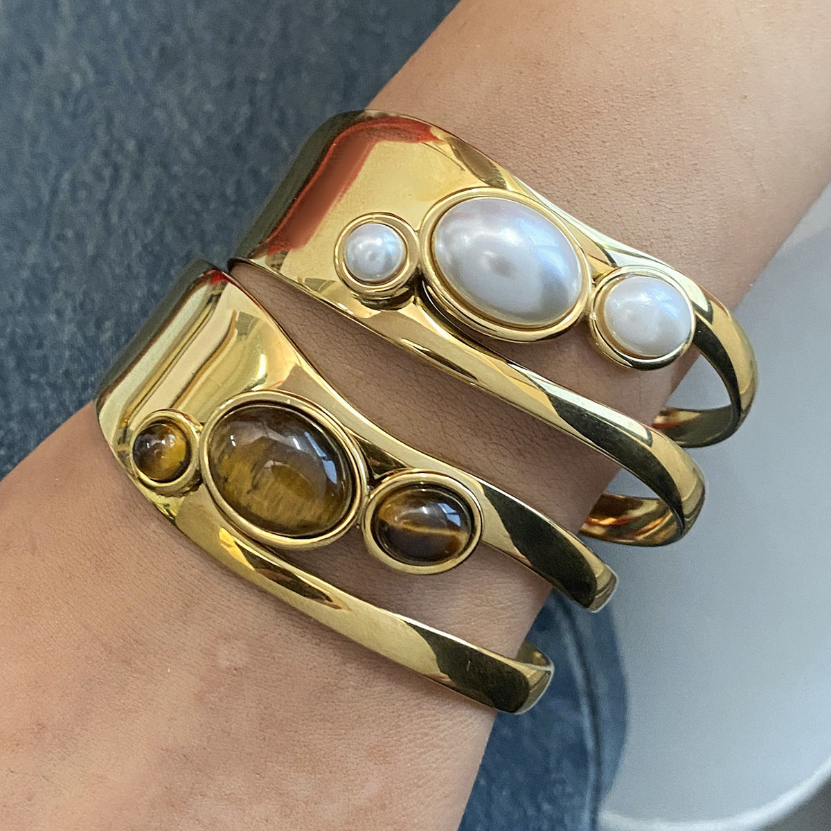 Stainless Steel Hollow Pearl Bracelet High Version Natural Stone Open Bracelet Titanium Steel Bracelet