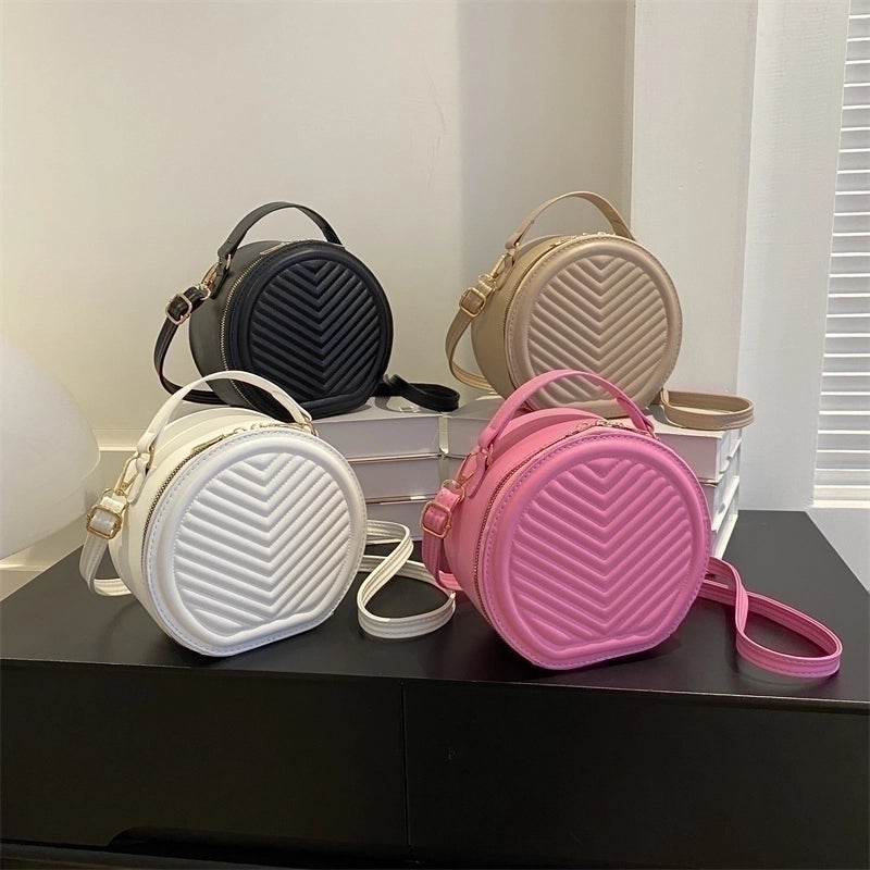 Women's Pu Leather Solid Color Cute Basic Round Zipper Shoulder Bag Crossbody Bag