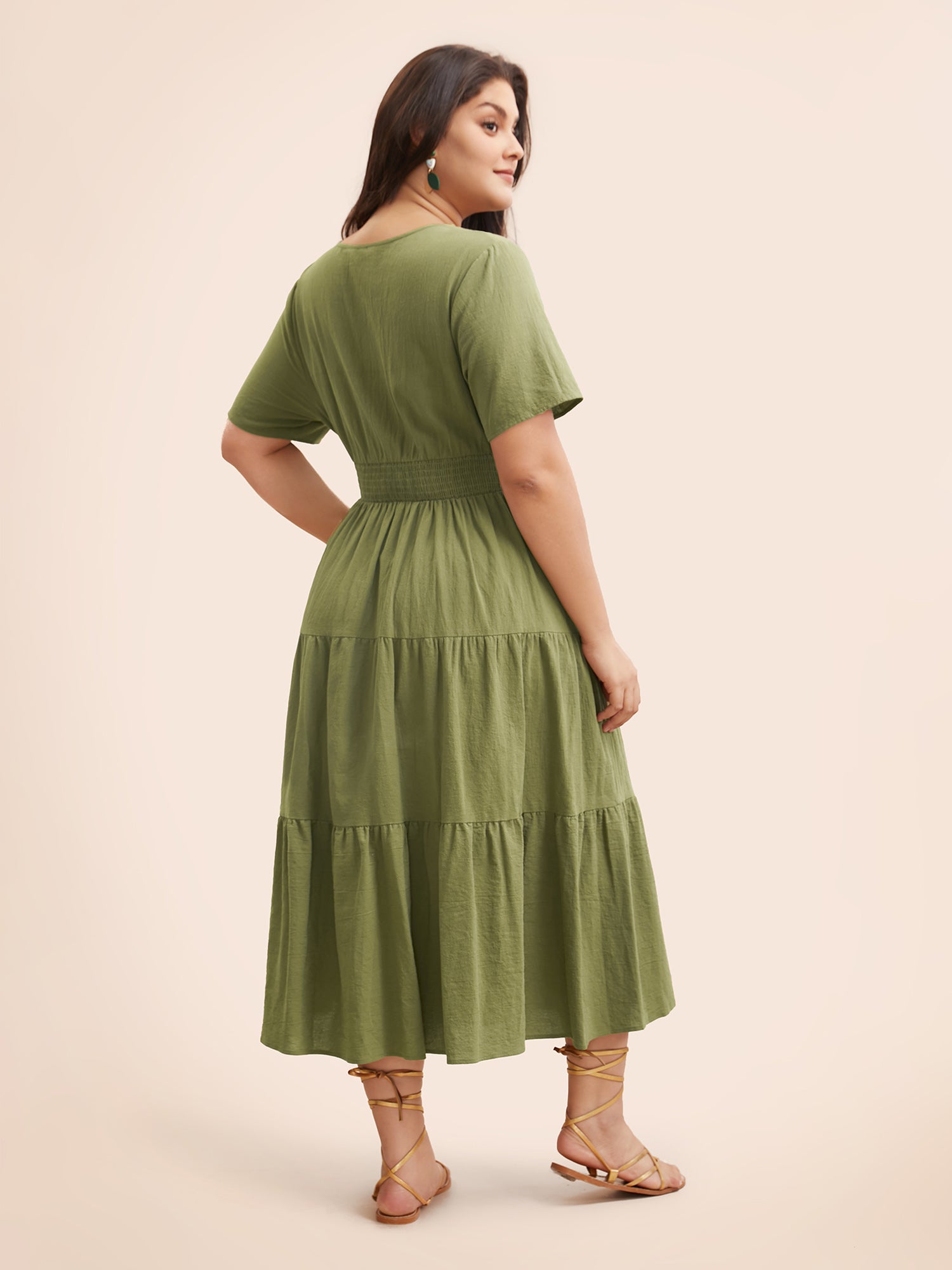 Notched Shirred Ruffle Layered Hem Dress