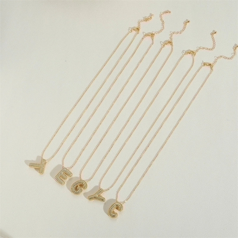 Copper 14K Gold Plated Minimalist Inlay Letter Zircon Pendant Necklace