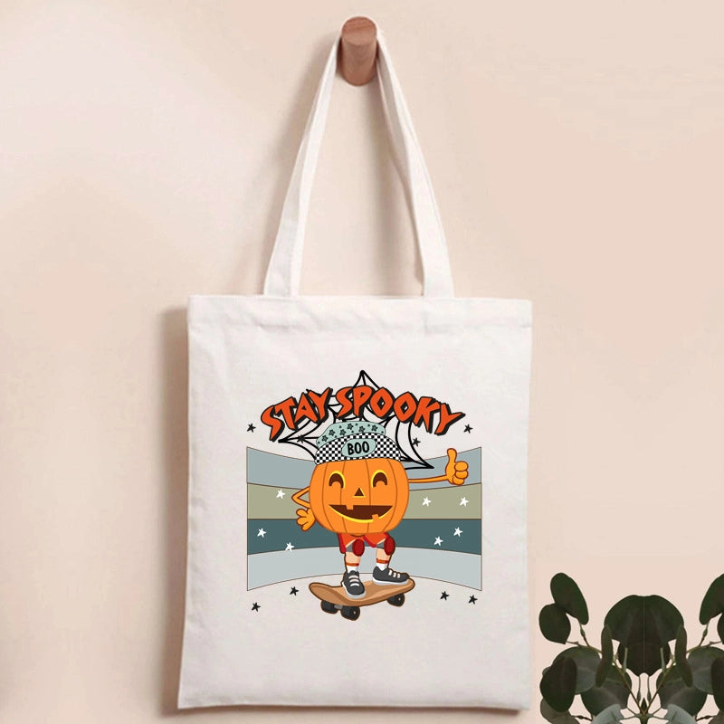 Halloween Women's Canvas Pumpkin Letter Cute Square Open Canvas Bag