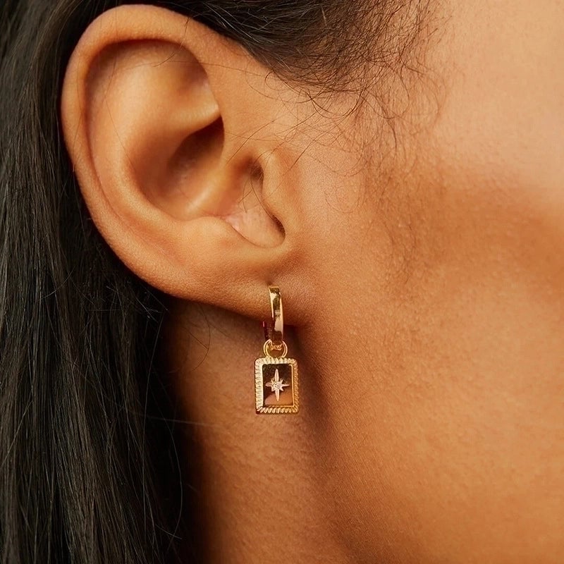 1 Pair Silver Zircon Square Star Drop Earrings