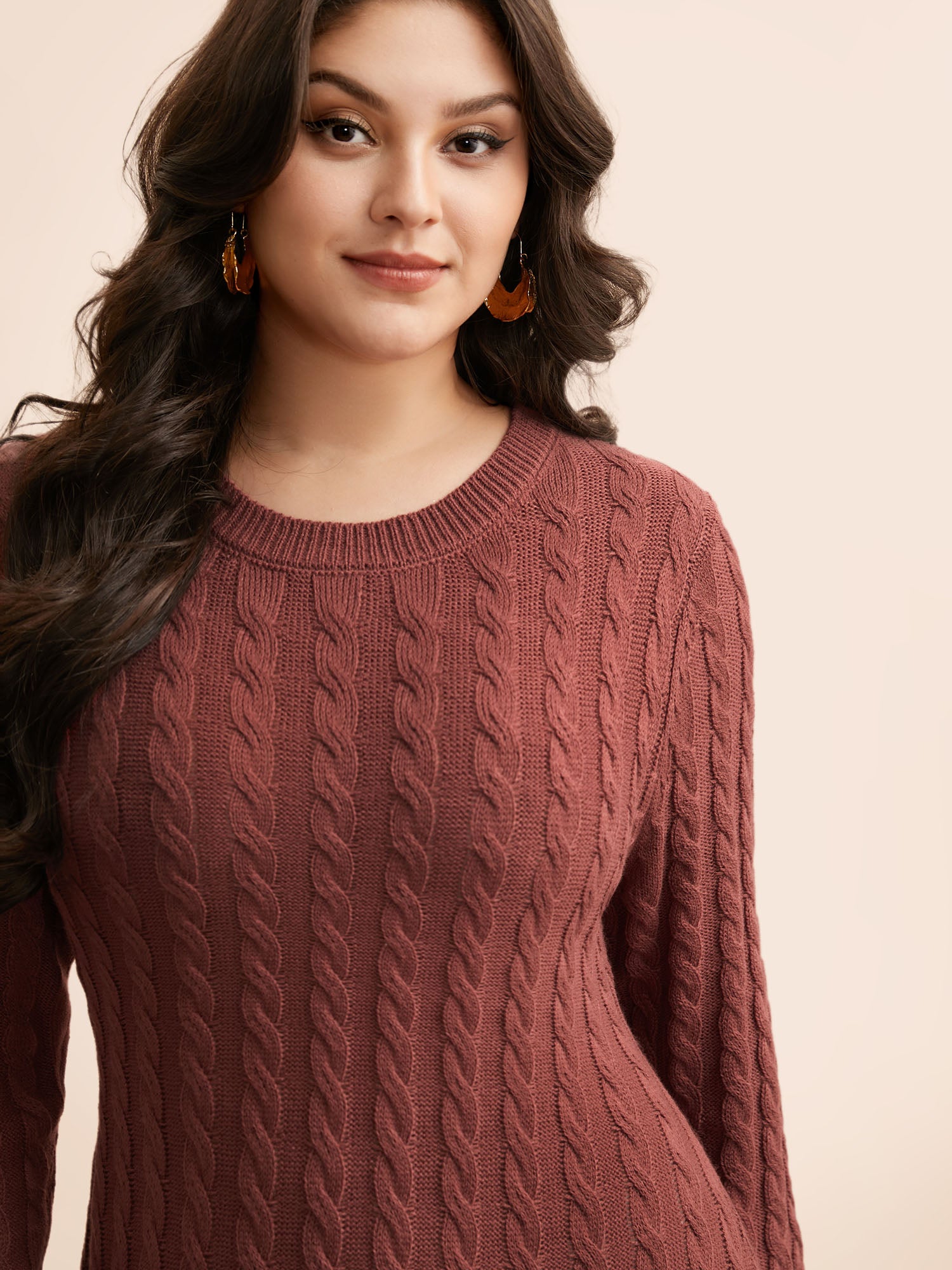 Round Neck Cable Knit Ruffle Trim Sweater Dress