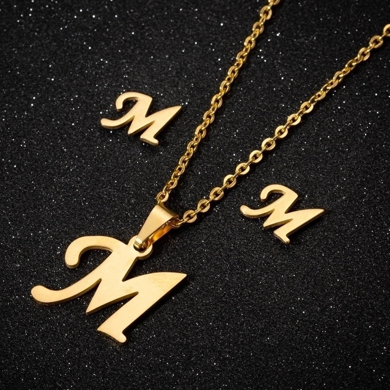 Women's Fashion Minimalist Letter Stainless Steel Pendant Necklace Ear Studs Plating Jewelry Sets