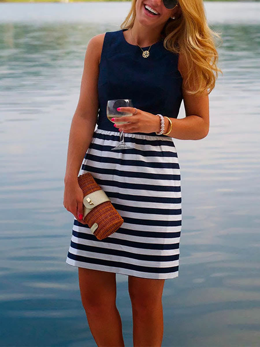 Casual Crewneck Sleeveless Stripes Dress