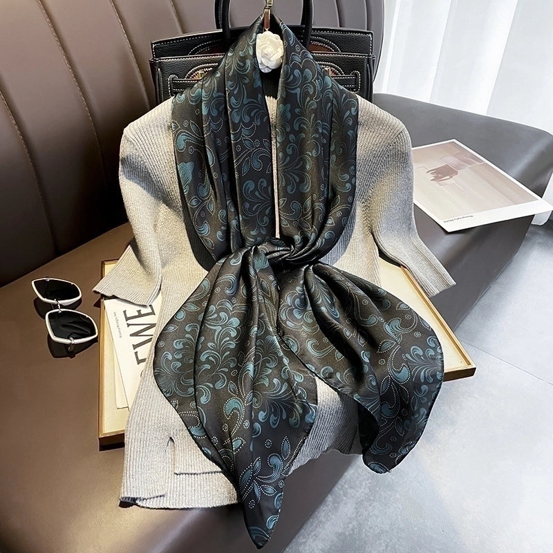 Classic Blue Orange Big Flower Simulation Silk Scarf Large Square Shawl