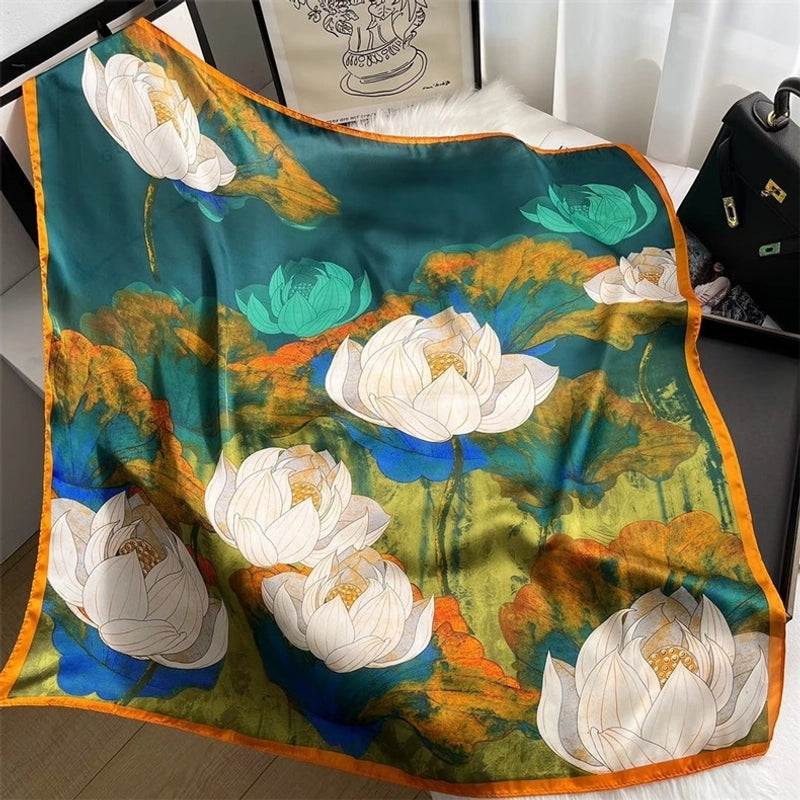 Women's Elegant Sweet Color Block Satin Printing Flowers Silk Scarf