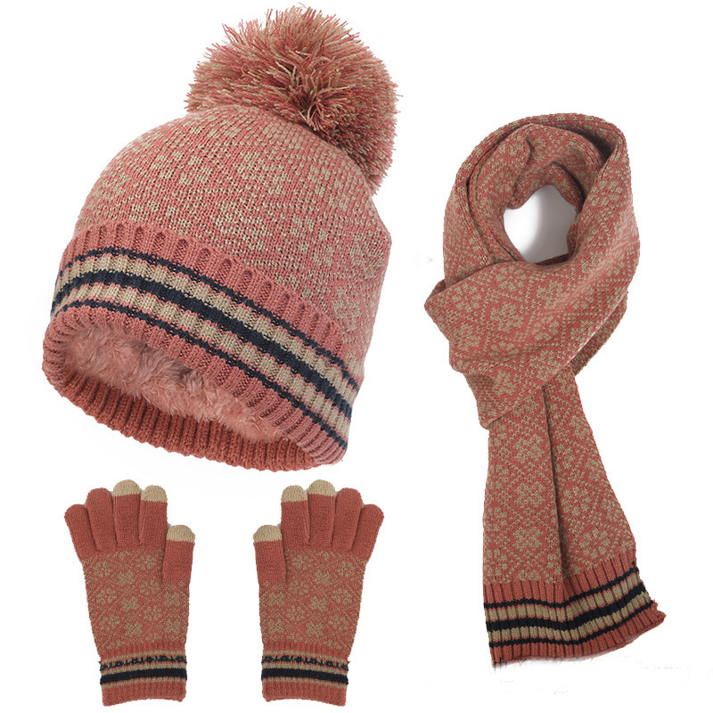 Jacquard Knit Hat Gloves Scarf Three-Piece Set