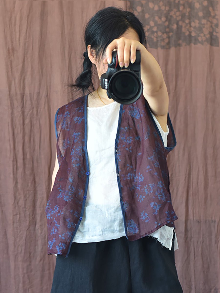 Women Vintage Floral Print Ramie Vest