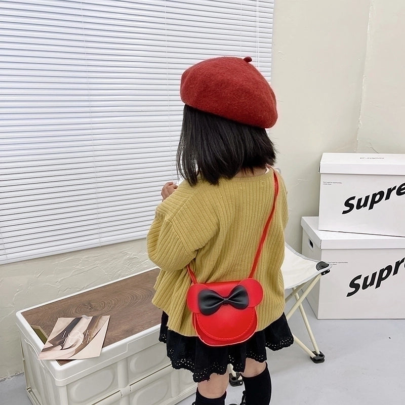 Girl's Pu Leather Cartoon Cute Bowknot Square Zipper Crossbody Bag