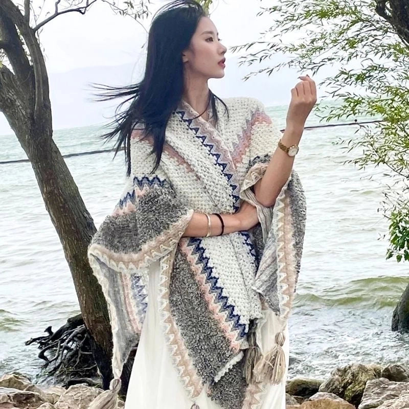 Travel Outside Knitted Shawl Ethnic Style Vintage Cape Cloak Tassel Scarf For Vacation Wear