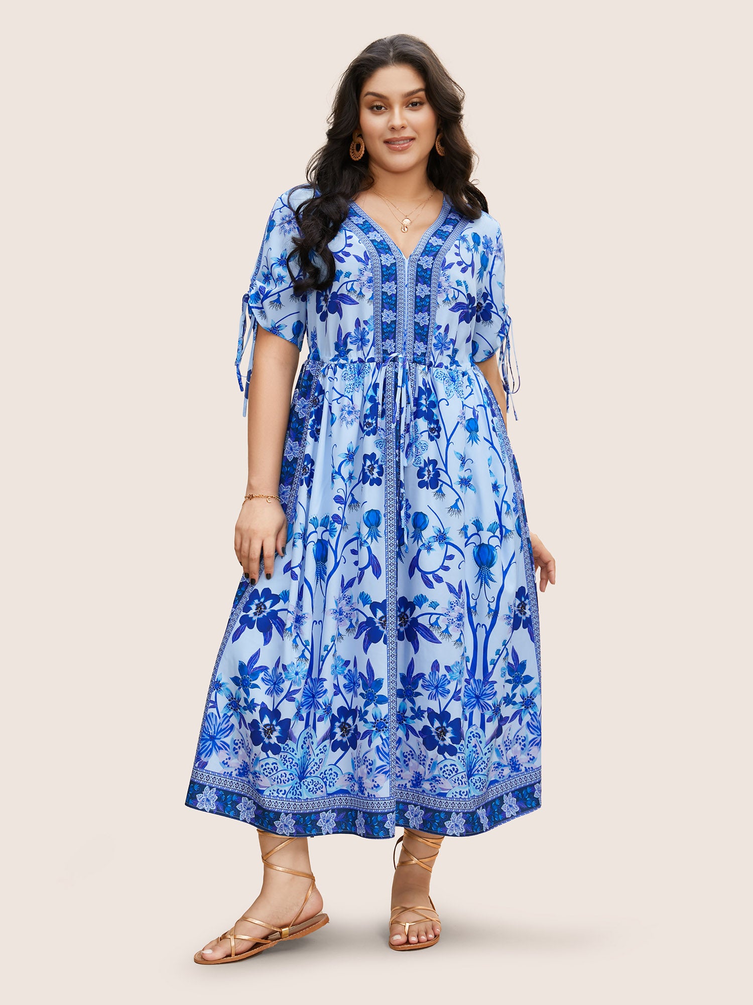 Boho Print V Neck Drawstring Dress