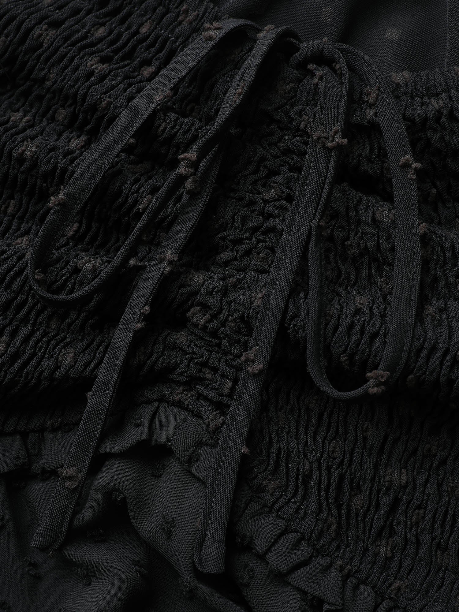 Polka Dot Textured Mesh Shirred Drawstring Dress