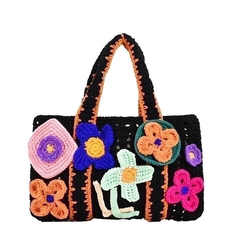 Women's Medium Knit Flower Streetwear Square Open Straw Bag