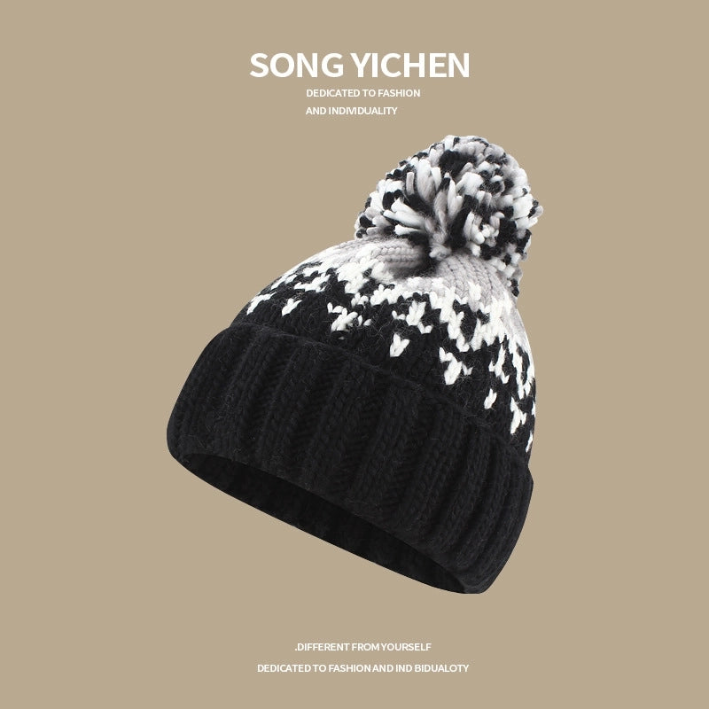 Warm Blue Knitted Hat Female Fashion Brand Colorful Fur Ball Christmas Hat Autumn And Winter Ear Protection Wool Hat
